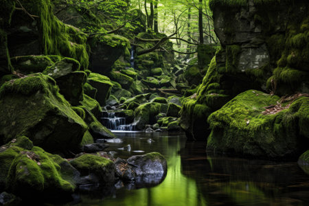 moss-covered rocks along a tranquil forest stream, created with generative aiの素材