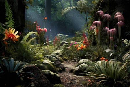 diverse plant species growing in a forest, created with generative aiの素材