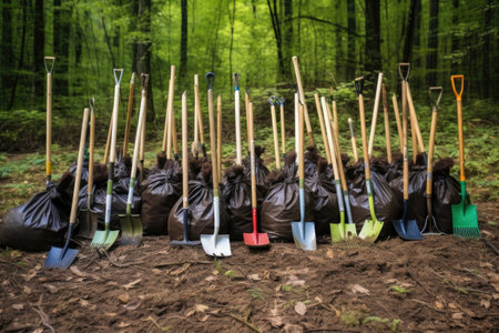 volunteers tools for planting trees in a forest, created with generative aiの素材