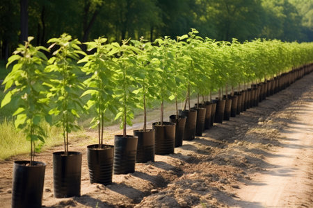 row of planted saplings with protective tree guards, created with generative aiの素材