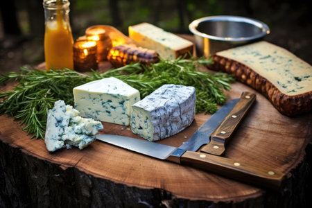 blue cheese on cedar plank with grill tools nearby, created with generative aiの素材