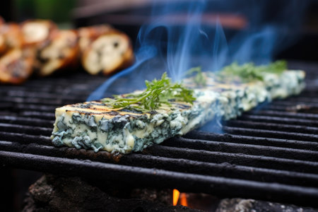 close-up of blue cheese melting on cedar plank over grill, created with generative aiの素材