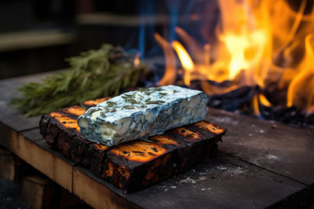 grilling blue cheese on cedar plank with glowing charcoal, created with generative aiの素材