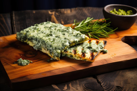 grilled blue cheese with herbs on plank, created with generative aiの素材