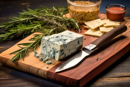 cedar plank blue cheese with grill tools and spices nearby, created with generative aiの素材
