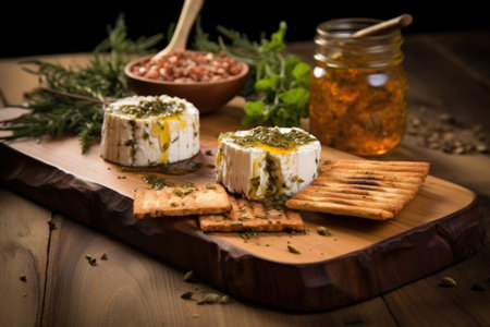 grilled ricotta cheese on cedar plank with various spices, created with generative aiの素材