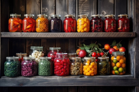 jars filled with colorful preserved fruits on a rustic wooden shelf, created with generative aiの素材