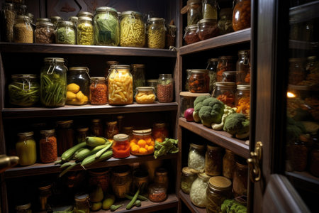 preserved vegetables in a pantry with ambient lighting, created with generative aiの素材