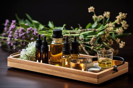 aromatic candles and essential oils on wooden tray, created with generative aiの素材