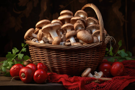 freshly harvested mushrooms in a wicker basket, created with generative aiの素材