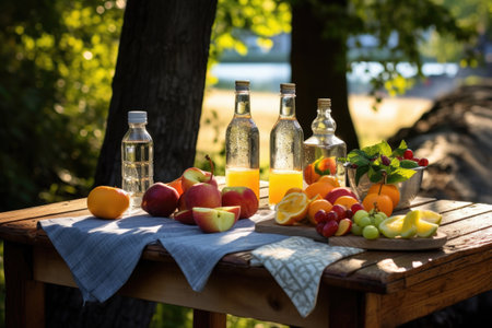 sunlit picnic table with infused vodka bottles and fresh fruits, created with generative aiの素材