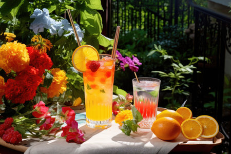 garden table with rum punch and colorful garnishes, created with generative aiの素材