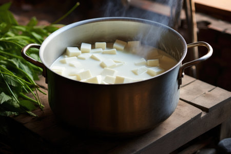 fresh soy milk in a pot for tofu curdling, created with generative aiの素材