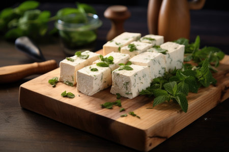 freshly made block of homemade tofu on a board, created with generative aiの素材