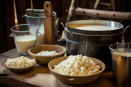 separating curds and whey with a fine strainer, created with generative aiの素材