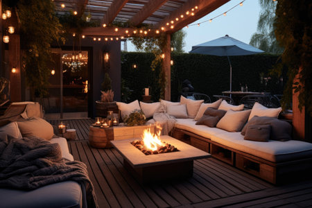 a cozy outdoor patio with soft cushions and a fire pit, created with generative aiの素材
