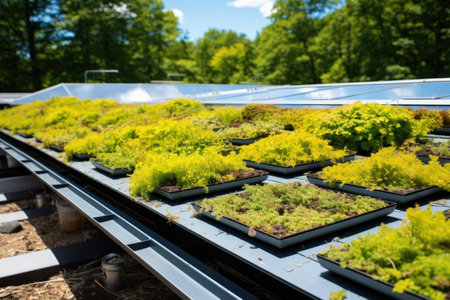 close-up of solar panels on a green roof, created with generative aiの素材