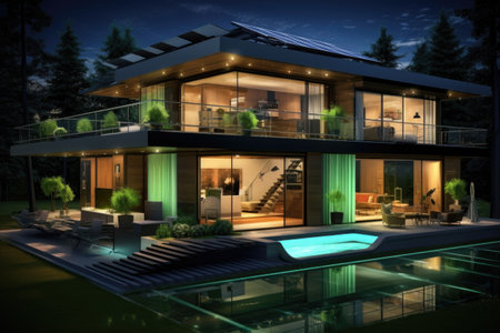 smart home technology integrated into green construction, created with generative aiの素材