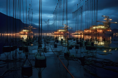 electric cables connecting offshore power plants, created with generative aiの素材