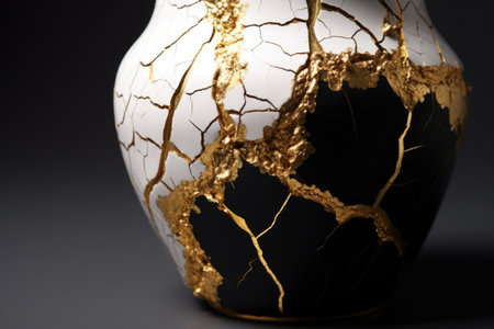 kintsugi repaired broken pottery with golden seams, created with generative aiの素材