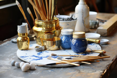 kintsugi art supplies and tools on a table, created with generative aiの素材