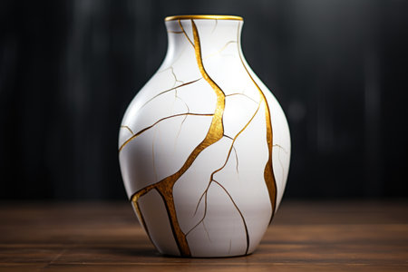 kintsugi process on a broken vase with gold lines, created with generative aiの素材