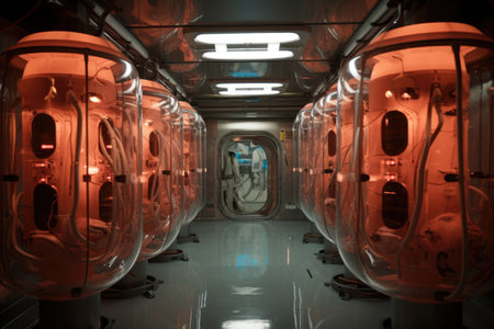 mars habitat airlock chamber with space suits hanging, created with generative aiの素材