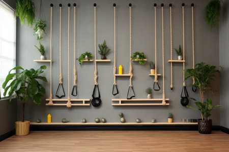 diy home yoga wall with ropes and props for support, created with generative aiの素材