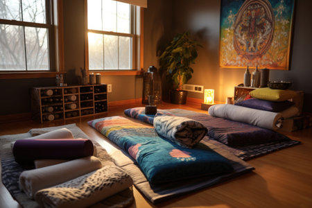 yin yoga setup with bolsters, blankets, and eye pillow, created with generative aiの素材