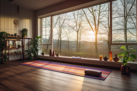 home yoga practice setup near a window with nature view, created with generative aiの素材