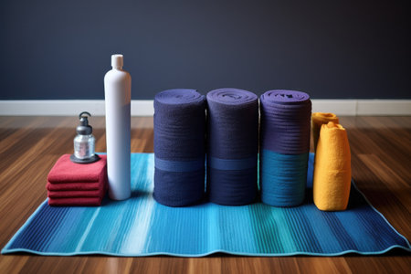 yoga mat, water bottle, and towel arranged in a row, created with generative aiの素材