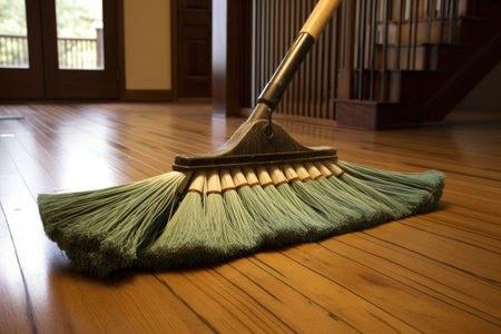sweeping bamboo flooring with a soft-bristle broom, created with generative aiの素材