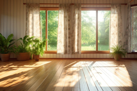 clean bamboo flooring reflecting sunlight through window, created with generative aiの素材