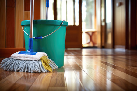 mop and bucket with cleaning solution on bamboo floor, created with generative aiの素材