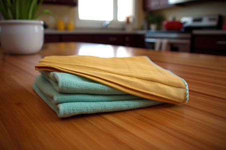 bamboo flooring details with microfiber cloth in focus, created with generative aiの素材