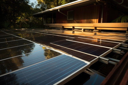 solar panels reflecting sunlight after maintenance, created with generative aiの素材