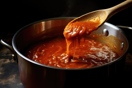 mixing pasta sauce with a ladle, showing its rich texture, created with generative aiの素材