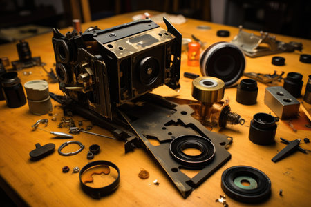 close-up of pinhole camera parts on table, created with generative aiの素材