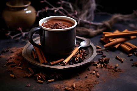 hot chocolate with cinnamon sticks and spices, created with generative aiの素材
