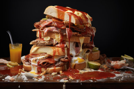 a messy, overflowing sandwich with sauce dripping, created with generative aiの素材