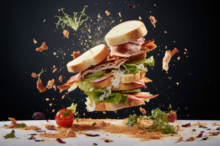 deconstructed sandwich with ingredients floating mid-air, created with generative aiの素材
