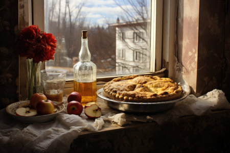 homemade apple pie on a window sill to cool, created with generative aiの素材