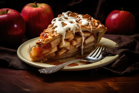 slice of apple pie with fork on white plate, created with generative aiの素材