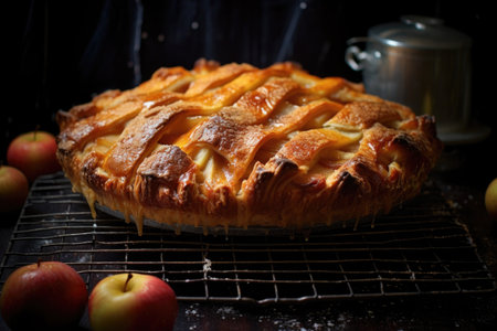golden baked apple pie cooling on a wire rack, created with generative aiの素材