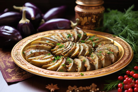sliced eggplants with garlic cloves and spices, created with generative aiの素材