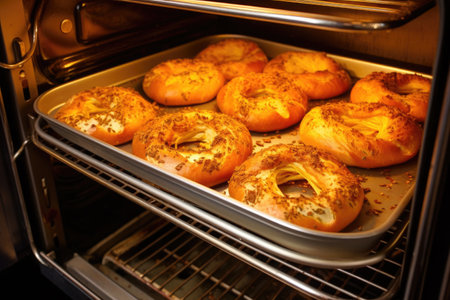 bagels in oven, golden brown and baking, created with generative aiの素材