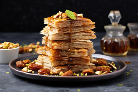 stack of baklava pieces on a marble serving board, created with generative aiの素材