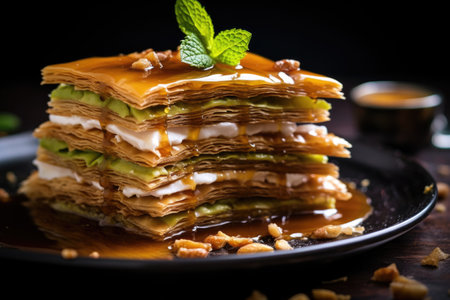 close-up of baklava layers and filling, created with generative aiの素材