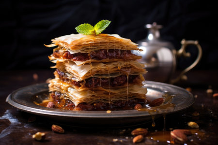 stack of baklava with parchment paper in between, created with generative aiの素材
