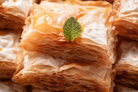 close-up of baklava texture with flaky layers, created with generative aiの素材